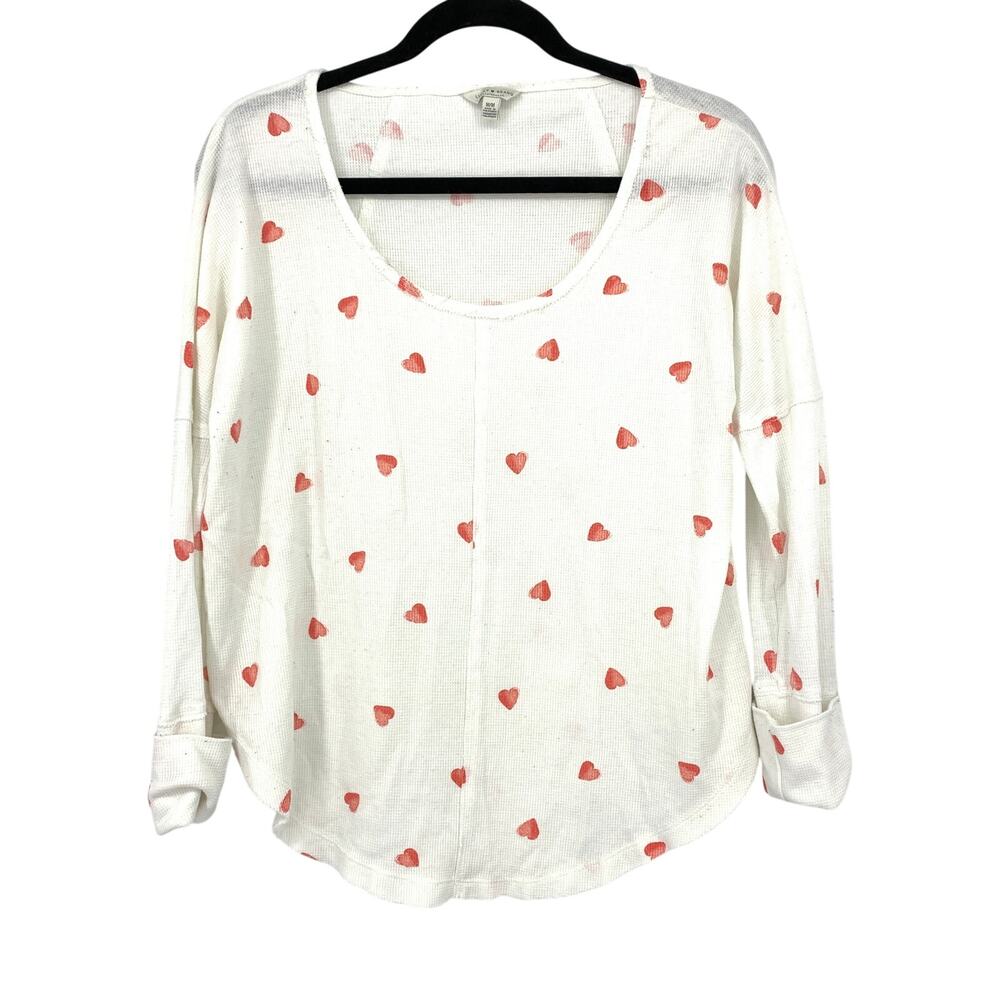 Lucky Brand Scoop Neck Long Sleeve Thermal T-Shirt Womens Sz M White Red Hearts